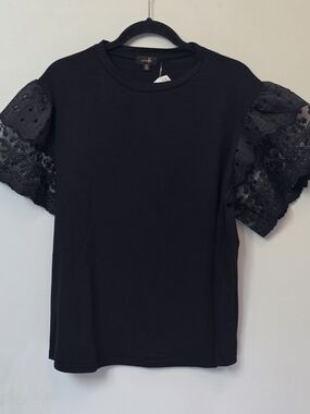 Express Black Tee with Eyelet Lace Flutter Sleeves